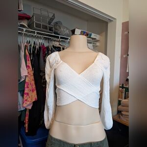 White Criss Cross Crop Top Long‎ Sleeve Blouse Party Club Sexy Womens